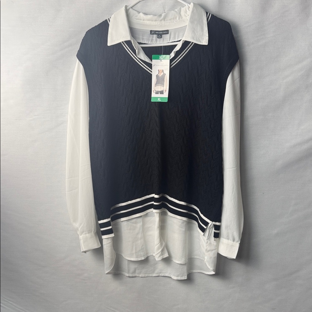 Adrianna Papell Black and White V‑Neck Layered Sweater Shirt